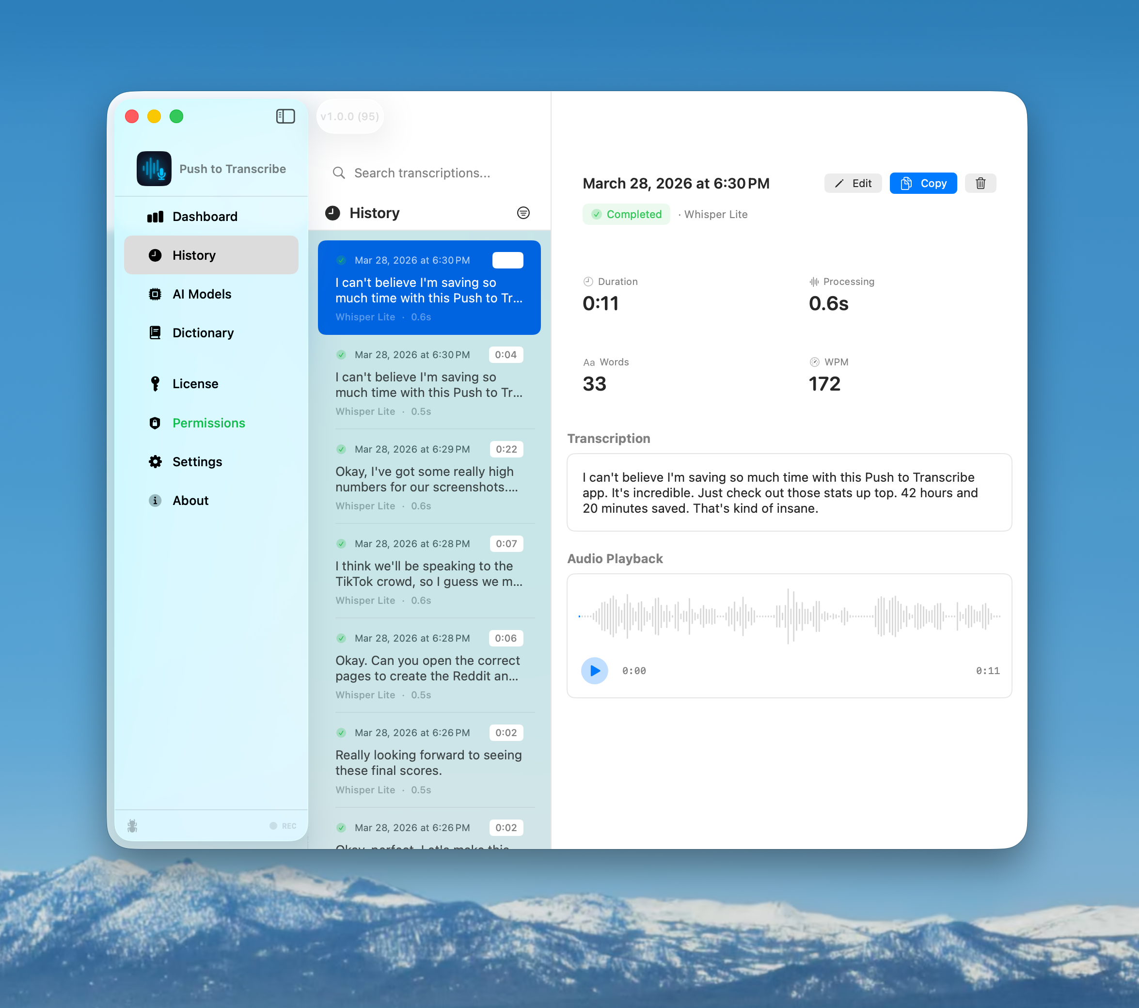 Transcription history with full-text search, audio playback waveform, word count, and WPM stats