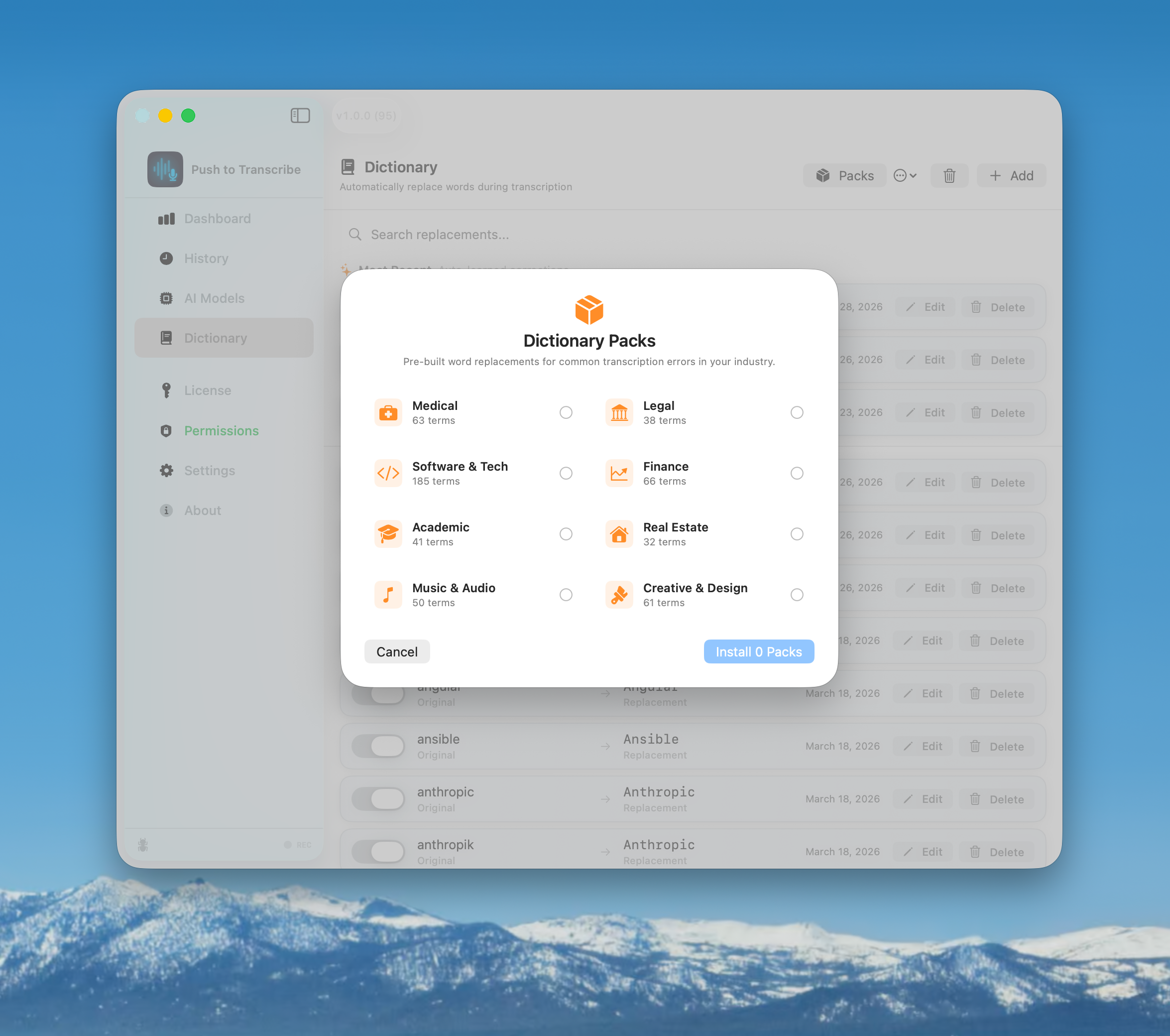 Dictionary packs: Medical, Legal, Software, Finance, Academic, Real Estate, Music, Creative - 535 terms