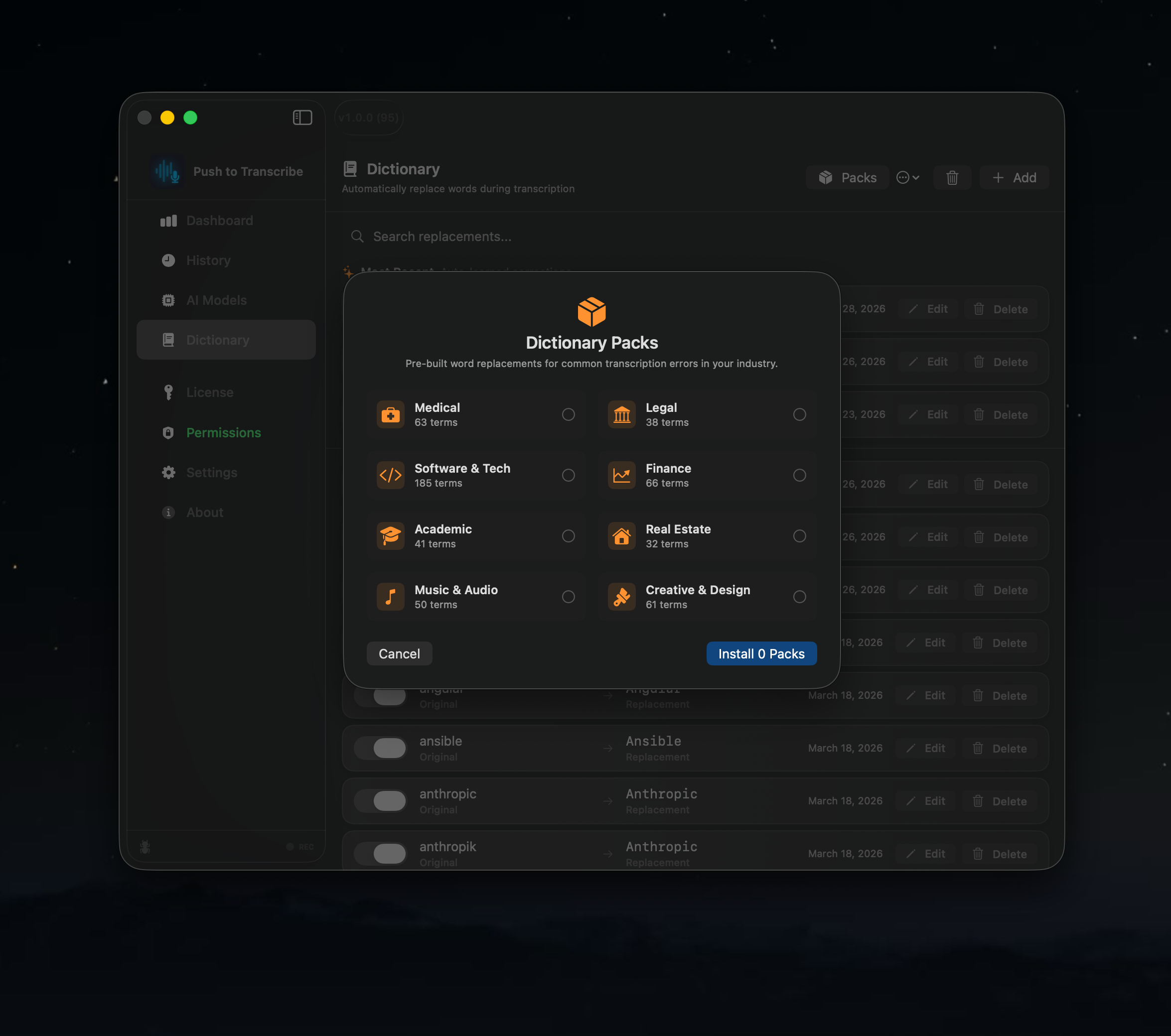 Dictionary packs: Medical, Legal, Software, Finance, Academic, Real Estate, Music, Creative - 535 terms